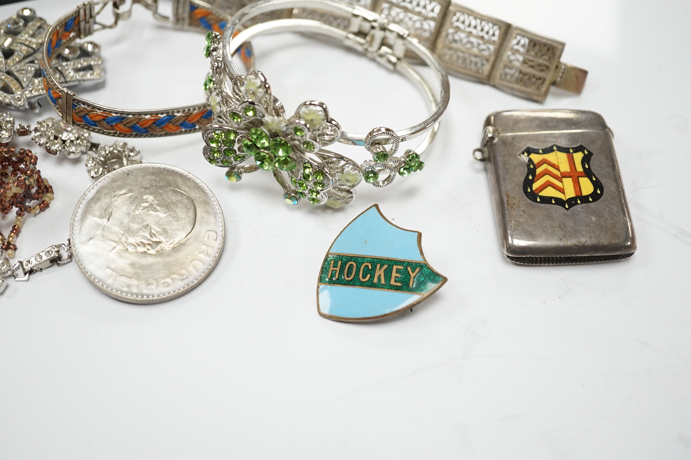A small quantity of assorted costume jewellery, gold plated pocket watch, silver vesta case, etc.